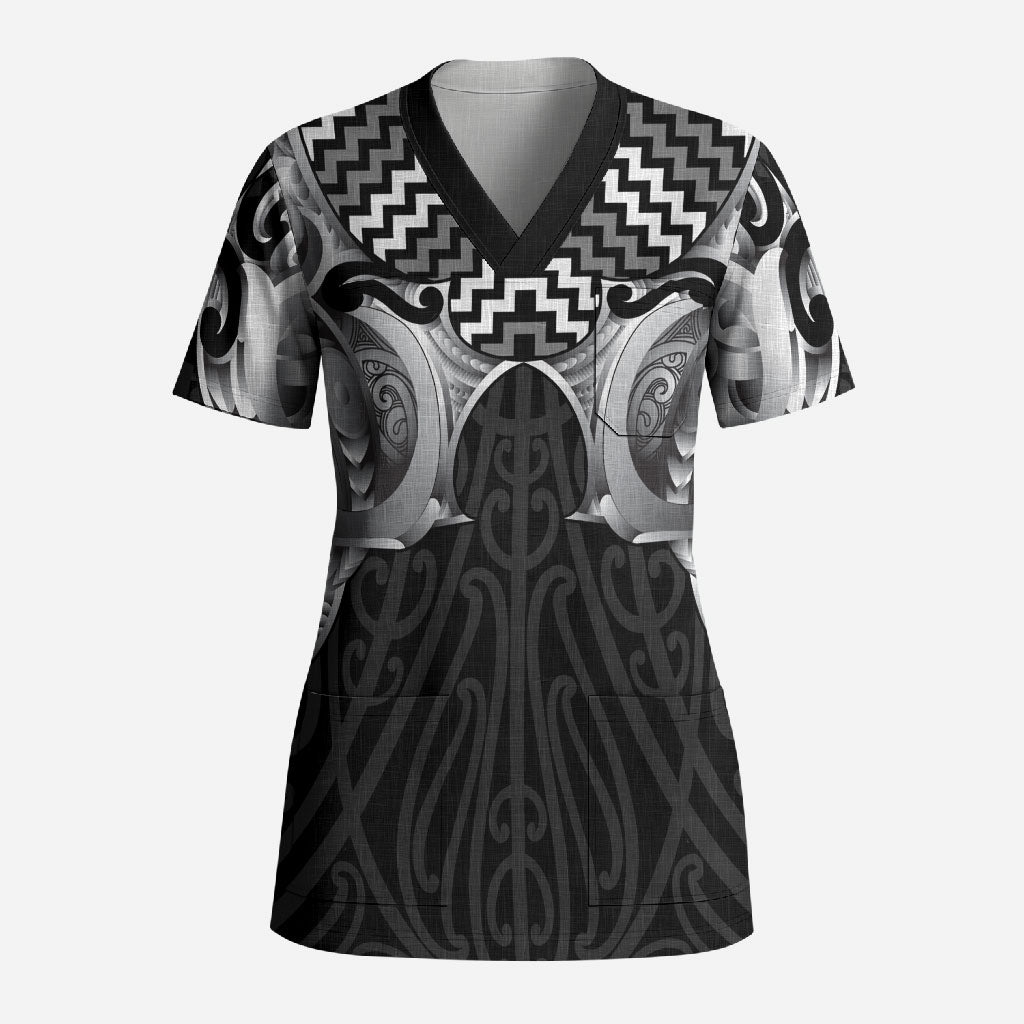 Aotearoa Kowhaiwhai Poutama Black Motif Scrub Top LT9 Adult Black - Polynesian Pride