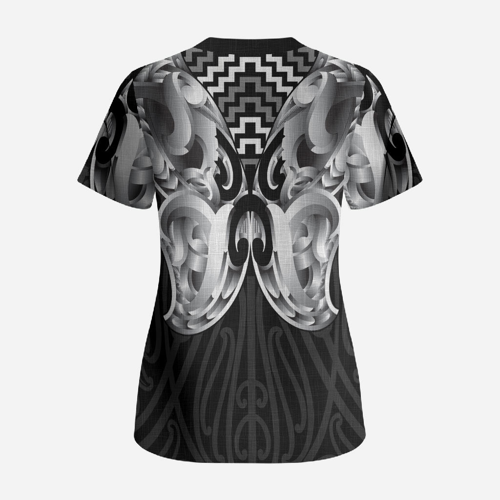 Aotearoa Kowhaiwhai Poutama Black Motif Scrub Top LT9 - Polynesian Pride