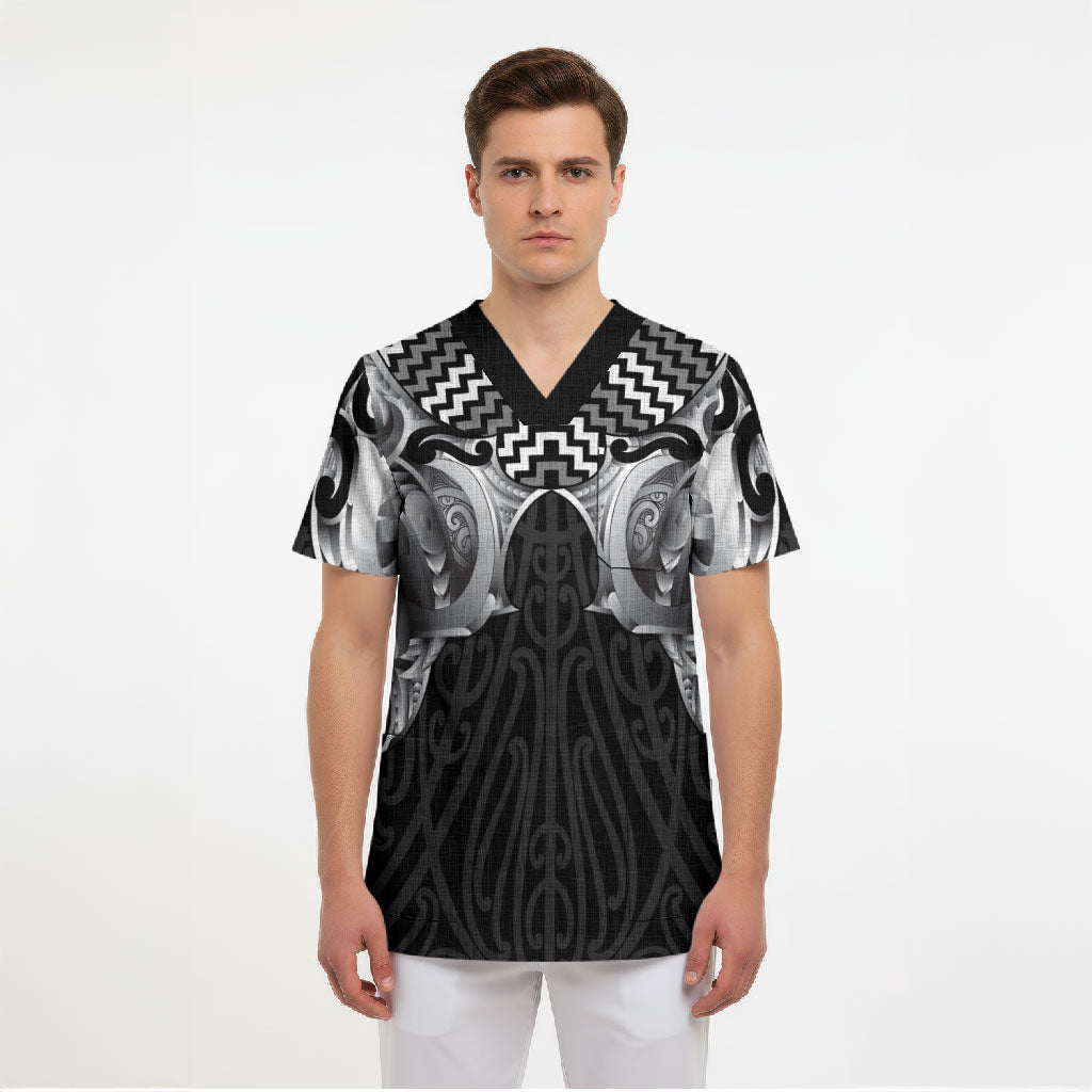 Aotearoa Kowhaiwhai Poutama Black Motif Scrub Top LT9 - Polynesian Pride