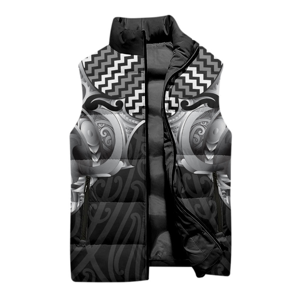 Aotearoa Kowhaiwhai Poutama Black Motif Sleeveless Puffer Jacket LT9 - Polynesian Pride