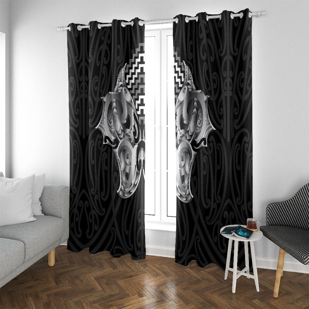 Aotearoa Kowhaiwhai Poutama Black Motif Window Curtain LT9 With Grommets Black - Polynesian Pride