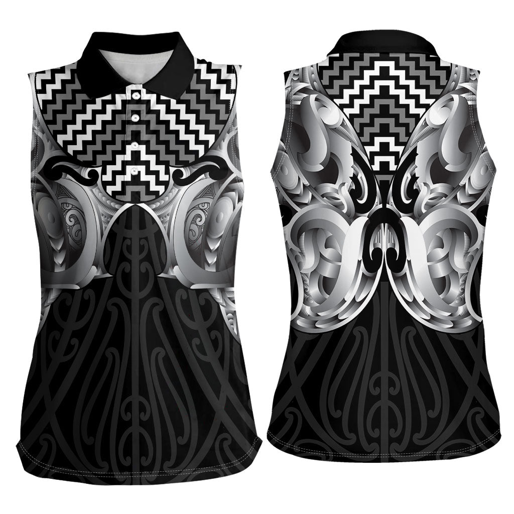 Aotearoa Kowhaiwhai Poutama Black Motif Women Sleeveless Polo Shirt LT9 - Polynesian Pride