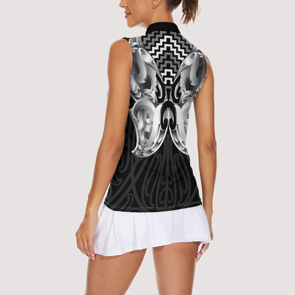 Aotearoa Kowhaiwhai Poutama Black Motif Women Sleeveless Polo Shirt LT9 - Polynesian Pride