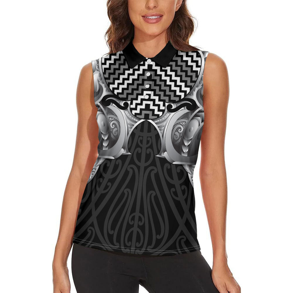 Aotearoa Kowhaiwhai Poutama Black Motif Women Sleeveless Polo Shirt LT9 - Polynesian Pride