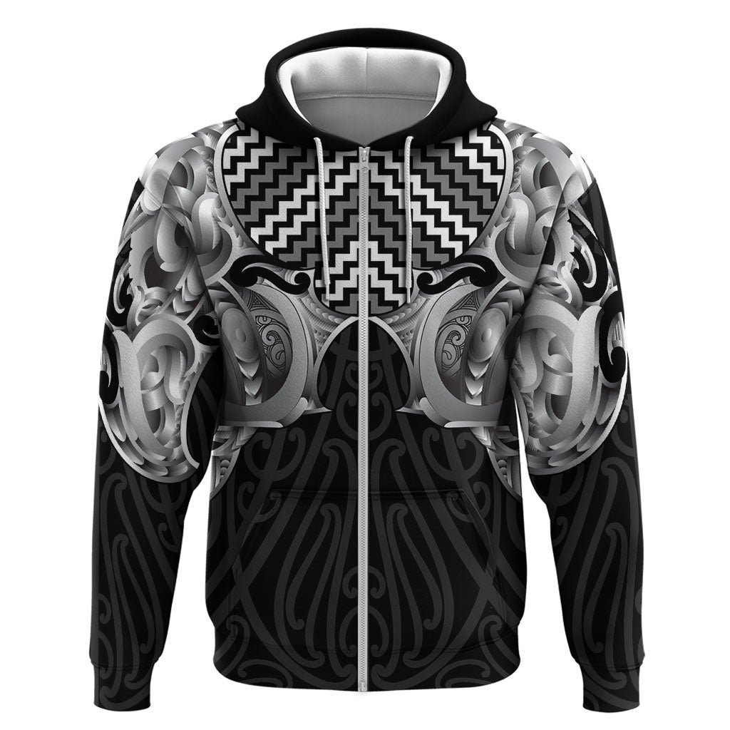 Aotearoa Kowhaiwhai Poutama Black Motif Zip Hoodie LT9 Zip Hoodie Black - Polynesian Pride