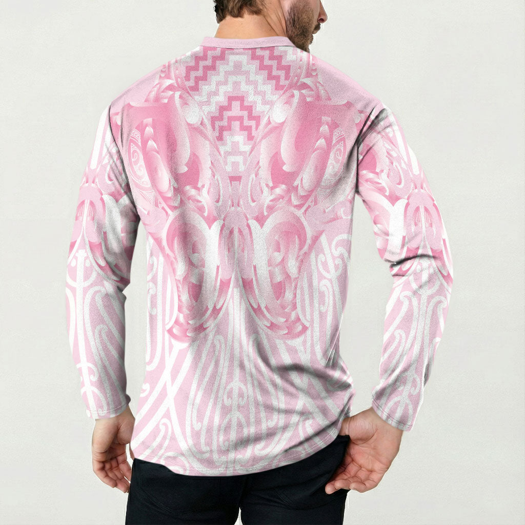 Aotearoa Kowhaiwhai Poutama Pink Motif Button Sweatshirt LT9 - Polynesian Pride