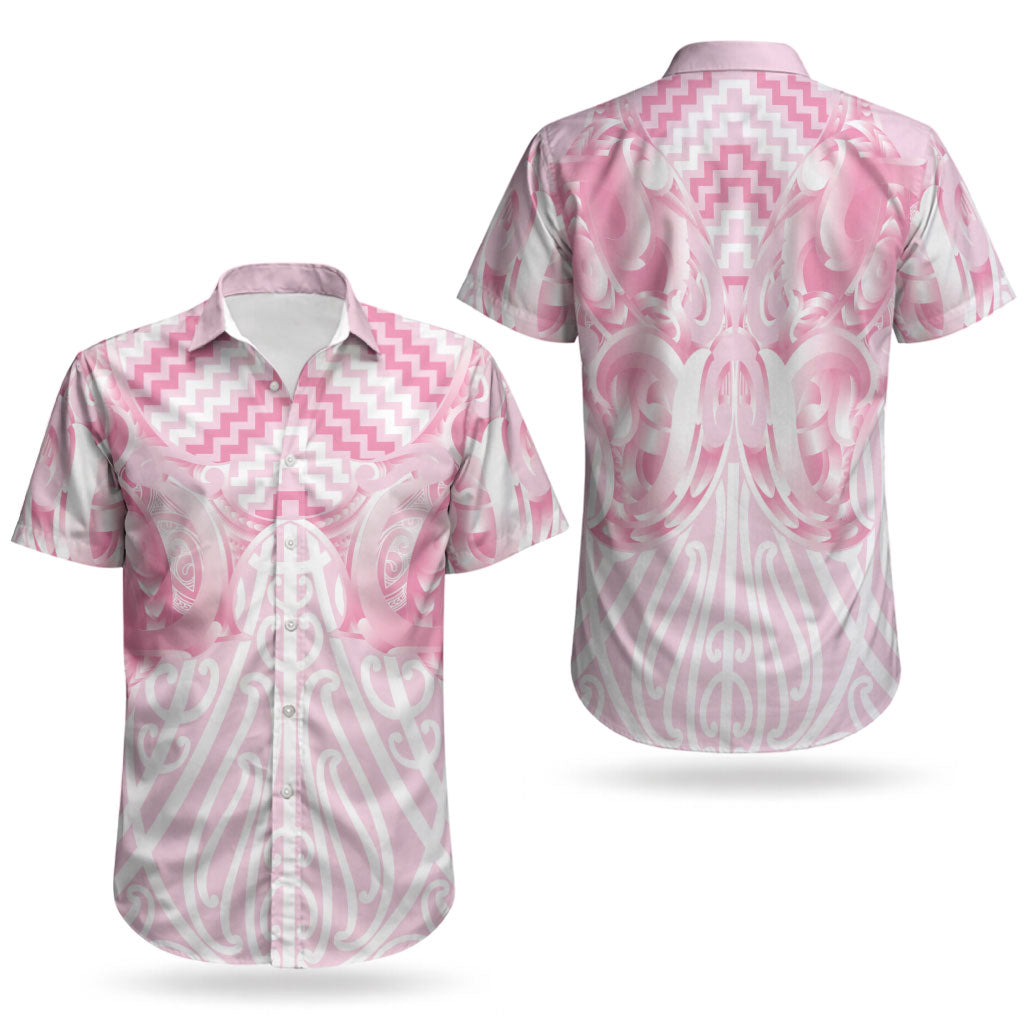 Aotearoa Kowhaiwhai Poutama Pink Motif Couples Matching Long Sleeve Bodycon Dress and Hawaiian Shirt LT9 - Polynesian Pride
