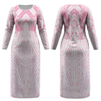 Aotearoa Kowhaiwhai Poutama Pink Motif Couples Matching Long Sleeve Bodycon Dress and Hawaiian Shirt LT9 - Polynesian Pride