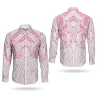 Aotearoa Kowhaiwhai Poutama Pink Motif Couples Matching Off Shoulder Maxi Dress and Long Sleeve Button Shirt LT9 - Polynesian Pride