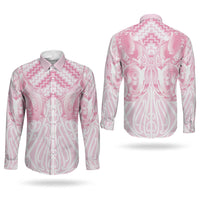 Aotearoa Kowhaiwhai Poutama Pink Motif Couples Matching Off The Shoulder Long Sleeve Dress and Long Sleeve Button Shirt LT9 - Polynesian Pride
