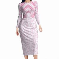 Aotearoa Kowhaiwhai Poutama Pink Motif Long Sleeve Bodycon Dress LT9 Long Dress Pink - Polynesian Pride