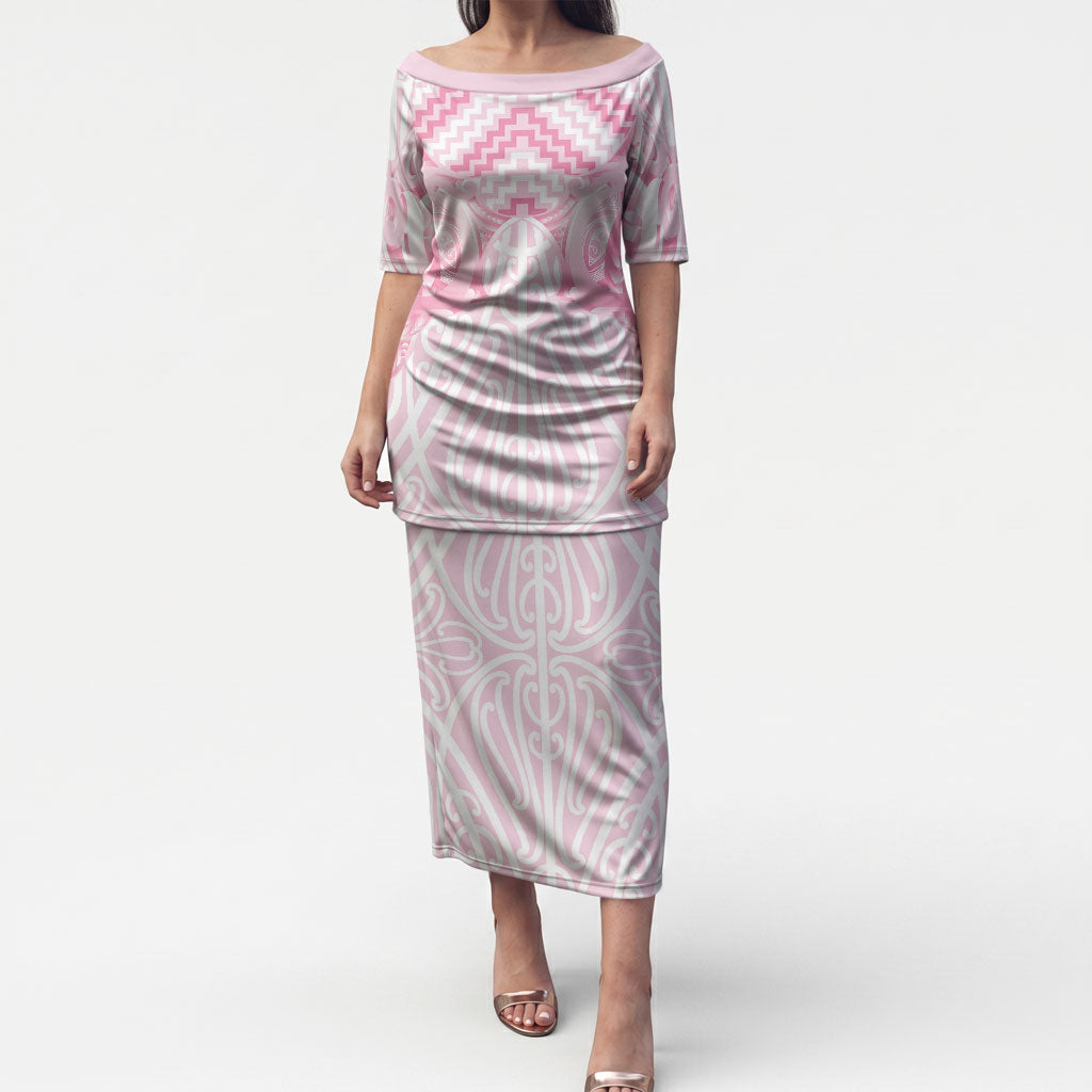 Aotearoa Kowhaiwhai Poutama Pink Motif Puletasi LT9 Long Dress Pink - Polynesian Pride