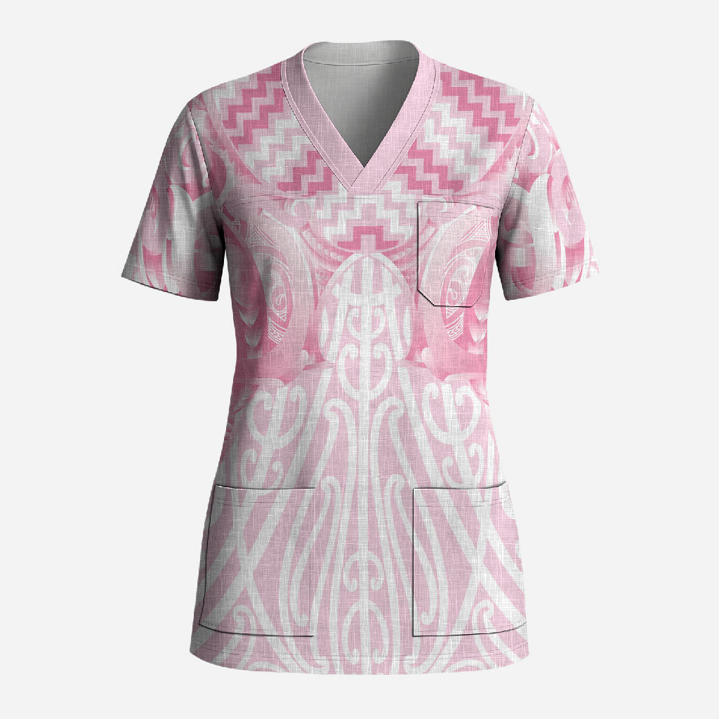 Aotearoa Kowhaiwhai Poutama Pink Motif Scrub Top LT9 Adult Pink - Polynesian Pride