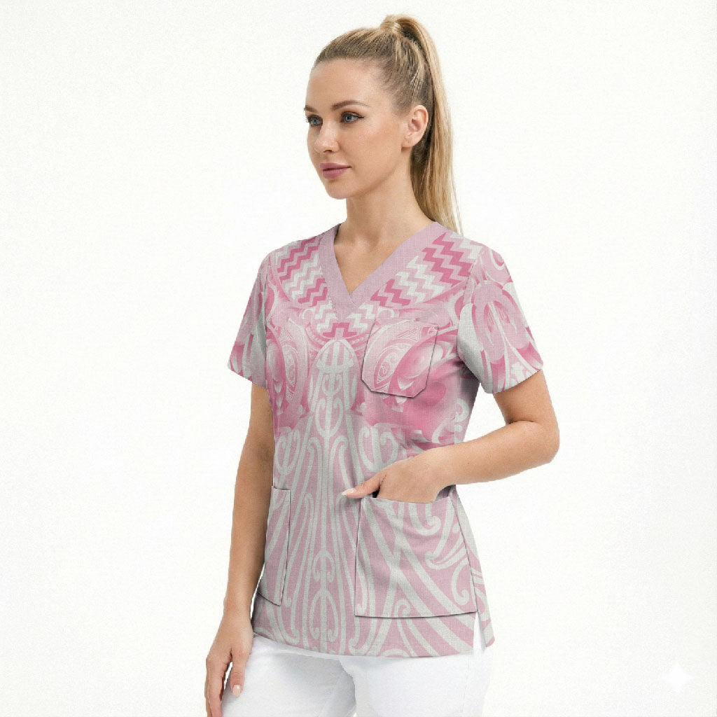 Aotearoa Kowhaiwhai Poutama Pink Motif Scrub Top LT9 - Polynesian Pride