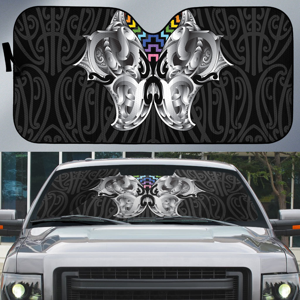 Aotearoa Kowhaiwhai Poutama Rainbow Motif Auto Sun Shade LT9 Rainbow - Polynesian Pride