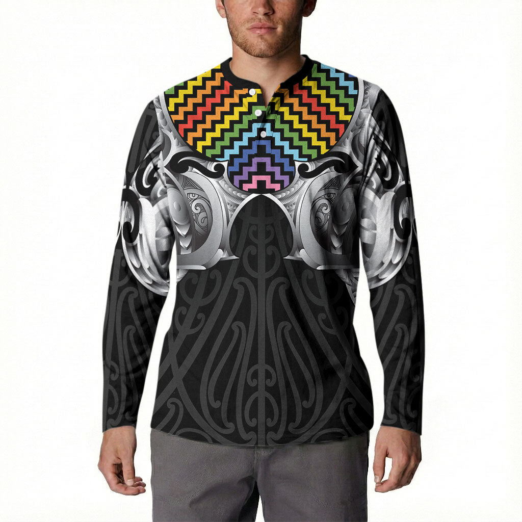 Aotearoa Kowhaiwhai Poutama Rainbow Motif Button Sweatshirt