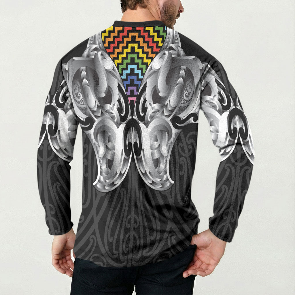 Aotearoa Kowhaiwhai Poutama Rainbow Motif Button Sweatshirt