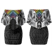 Aotearoa Kowhaiwhai Poutama Rainbow Motif Couples Matching Off Shoulder Short Dress and Long Sleeve Button Shirt LT9 - Polynesian Pride