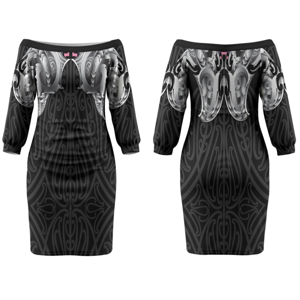 Aotearoa Kowhaiwhai Poutama Rainbow Motif Couples Matching Off The Shoulder Long Sleeve Dress and Hawaiian Shirt LT9 - Polynesian Pride