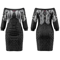 Aotearoa Kowhaiwhai Poutama Rainbow Motif Couples Matching Off The Shoulder Long Sleeve Dress and Hawaiian Shirt LT9 - Polynesian Pride