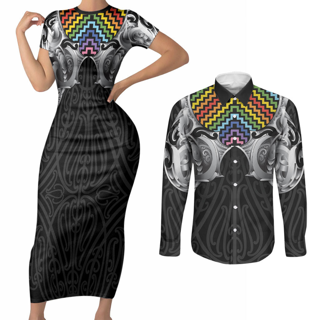 Aotearoa Kowhaiwhai Poutama Rainbow Motif Couples Matching Short Sleeve Bodycon Dress and Long Sleeve Button Shirt LT9 Rainbow - Polynesian Pride