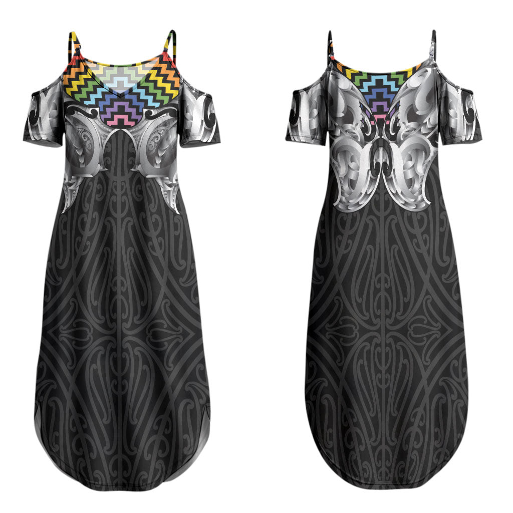 Aotearoa Kowhaiwhai Poutama Rainbow Motif Couples Matching Summer Maxi Dress and Long Sleeve Button Shirt LT9 - Polynesian Pride