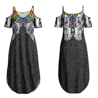 Aotearoa Kowhaiwhai Poutama Rainbow Motif Couples Matching Summer Maxi Dress and Long Sleeve Button Shirt LT9 - Polynesian Pride