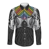 Aotearoa Kowhaiwhai Poutama Rainbow Motif Long Sleeve Button Shirt LT9 Unisex Rainbow - Polynesian Pride