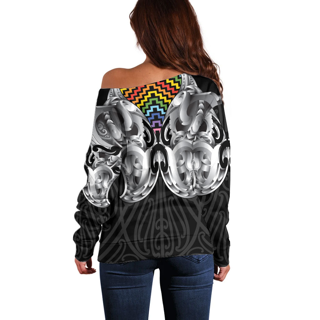 Aotearoa Kowhaiwhai Poutama Rainbow Motif Off Shoulder Sweater LT9 - Polynesian Pride