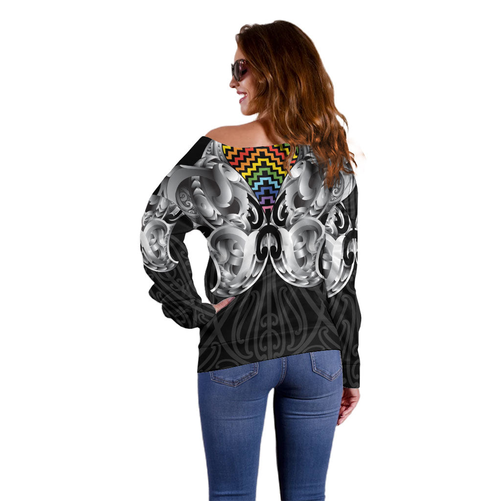 Aotearoa Kowhaiwhai Poutama Rainbow Motif Off Shoulder Sweater LT9 - Polynesian Pride