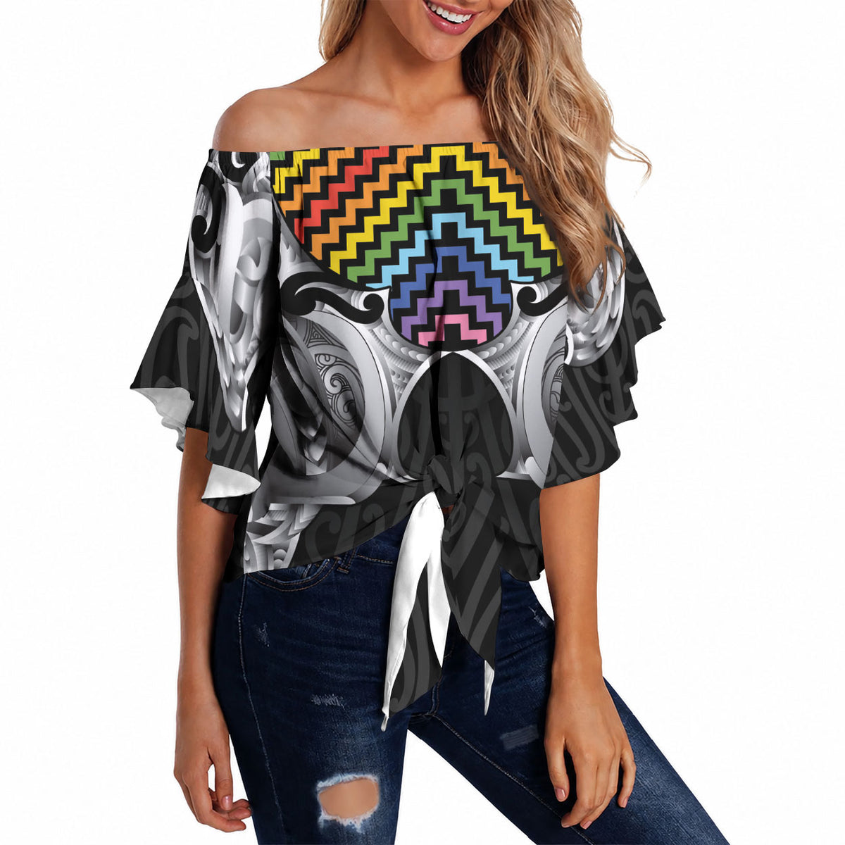 Aotearoa Kowhaiwhai Poutama Rainbow Motif Off Shoulder Wrap Waist Top LT9 Rainbow - Polynesian Pride