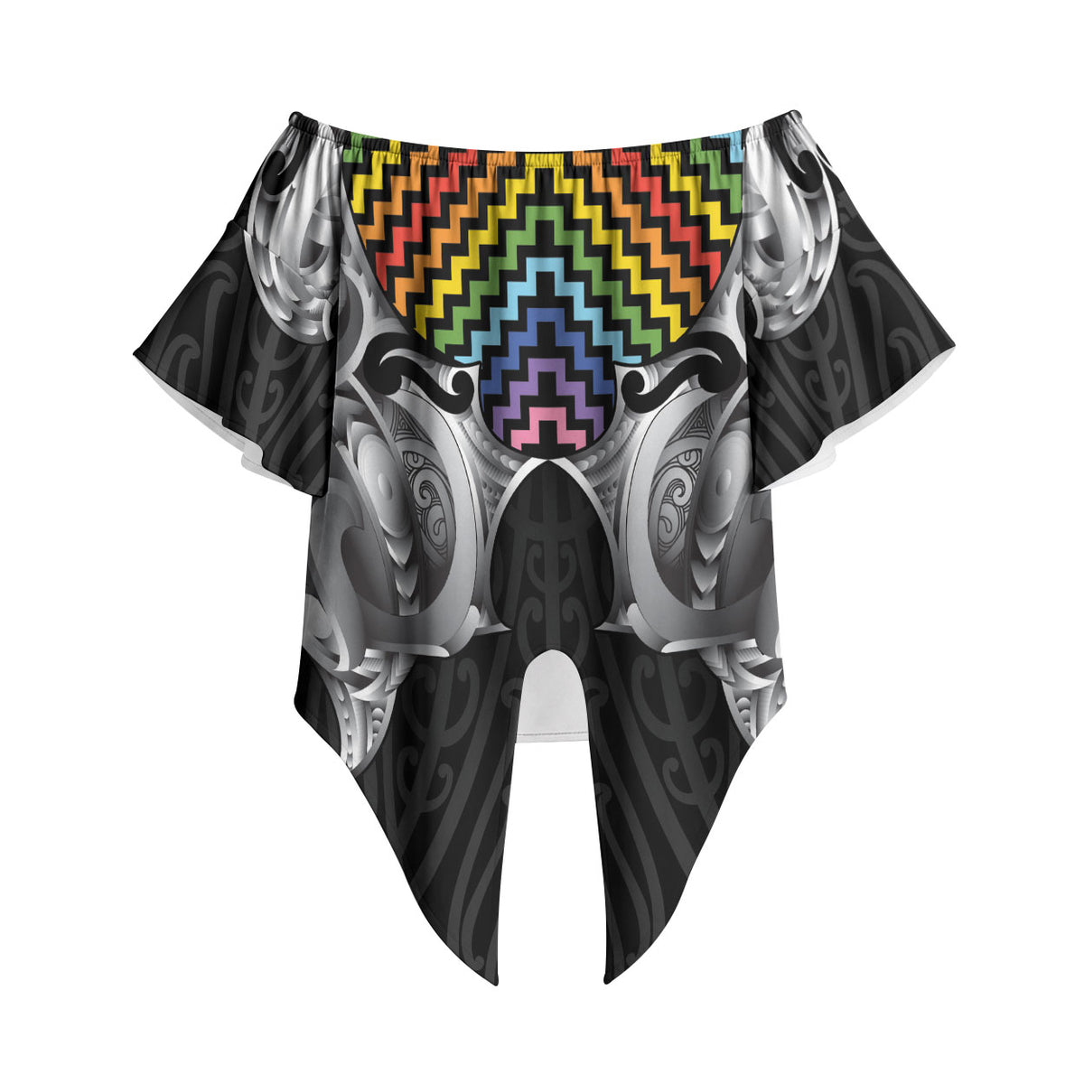 Aotearoa Kowhaiwhai Poutama Rainbow Motif Off Shoulder Wrap Waist Top LT9 - Polynesian Pride