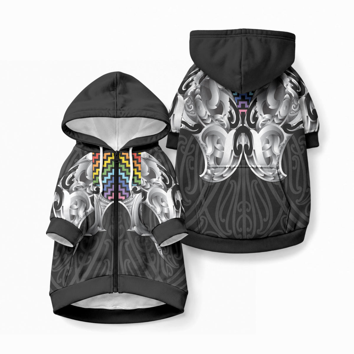 Aotearoa Kowhaiwhai Poutama Rainbow Motif Pet Hoodie LT9 Zip-up Rainbow - Polynesian Pride