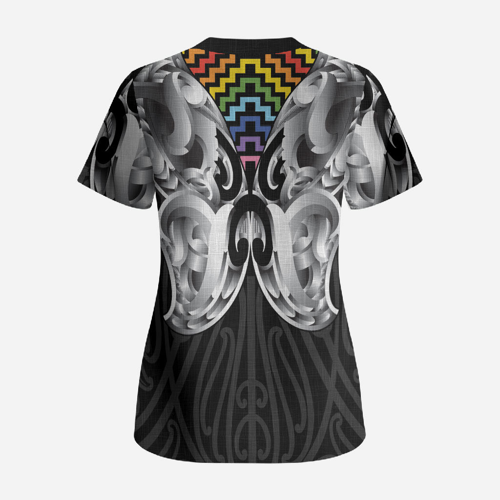 Aotearoa Kowhaiwhai Poutama Rainbow Motif Scrub Top LT9 - Polynesian Pride