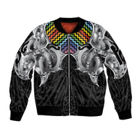 Aotearoa Kowhaiwhai Poutama Rainbow Motif Sleeve Zip Bomber Jacket LT9 Unisex Rainbow - Polynesian Pride