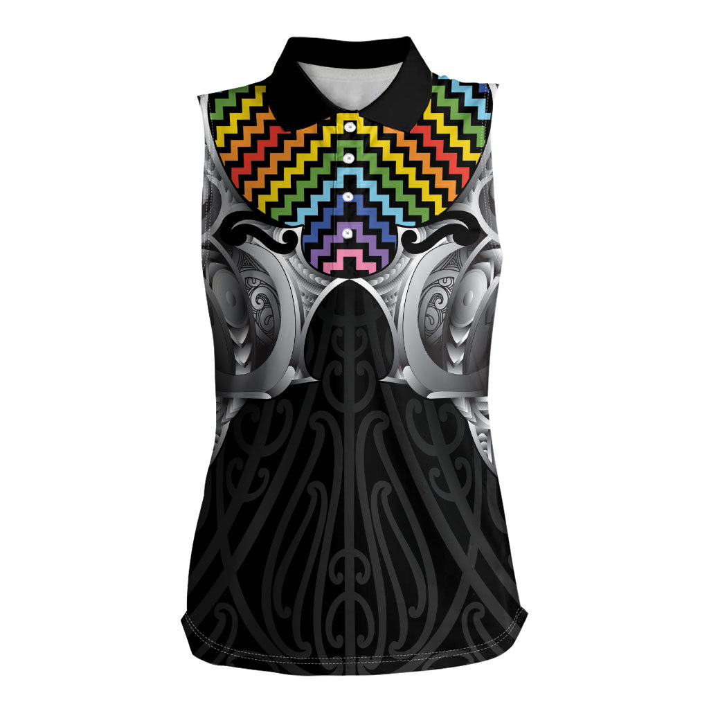 Aotearoa Kowhaiwhai Poutama Rainbow Motif Women Sleeveless Polo Shirt LT9 Female Rainbow - Polynesian Pride