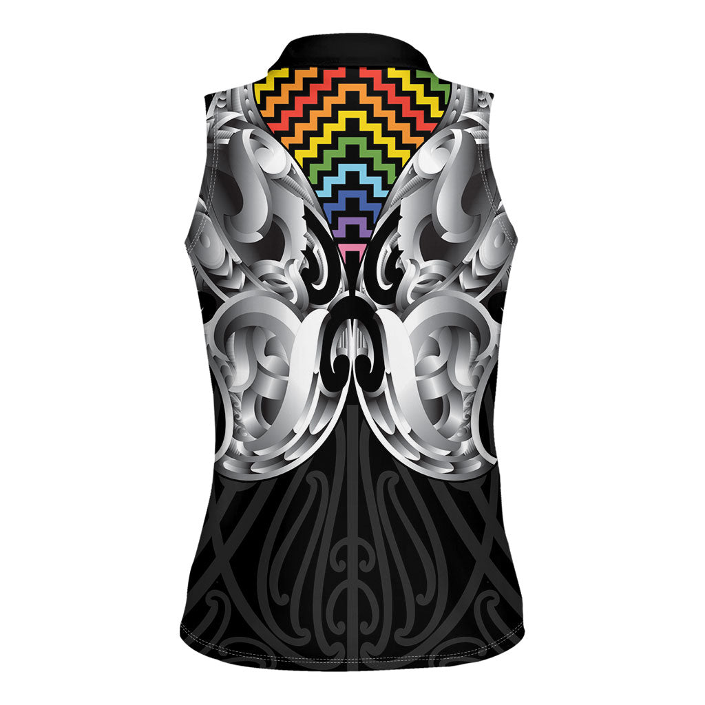 Aotearoa Kowhaiwhai Poutama Rainbow Motif Women Sleeveless Polo Shirt LT9 - Polynesian Pride
