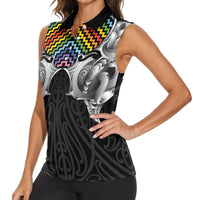 Aotearoa Kowhaiwhai Poutama Rainbow Motif Women Sleeveless Polo Shirt LT9 - Polynesian Pride