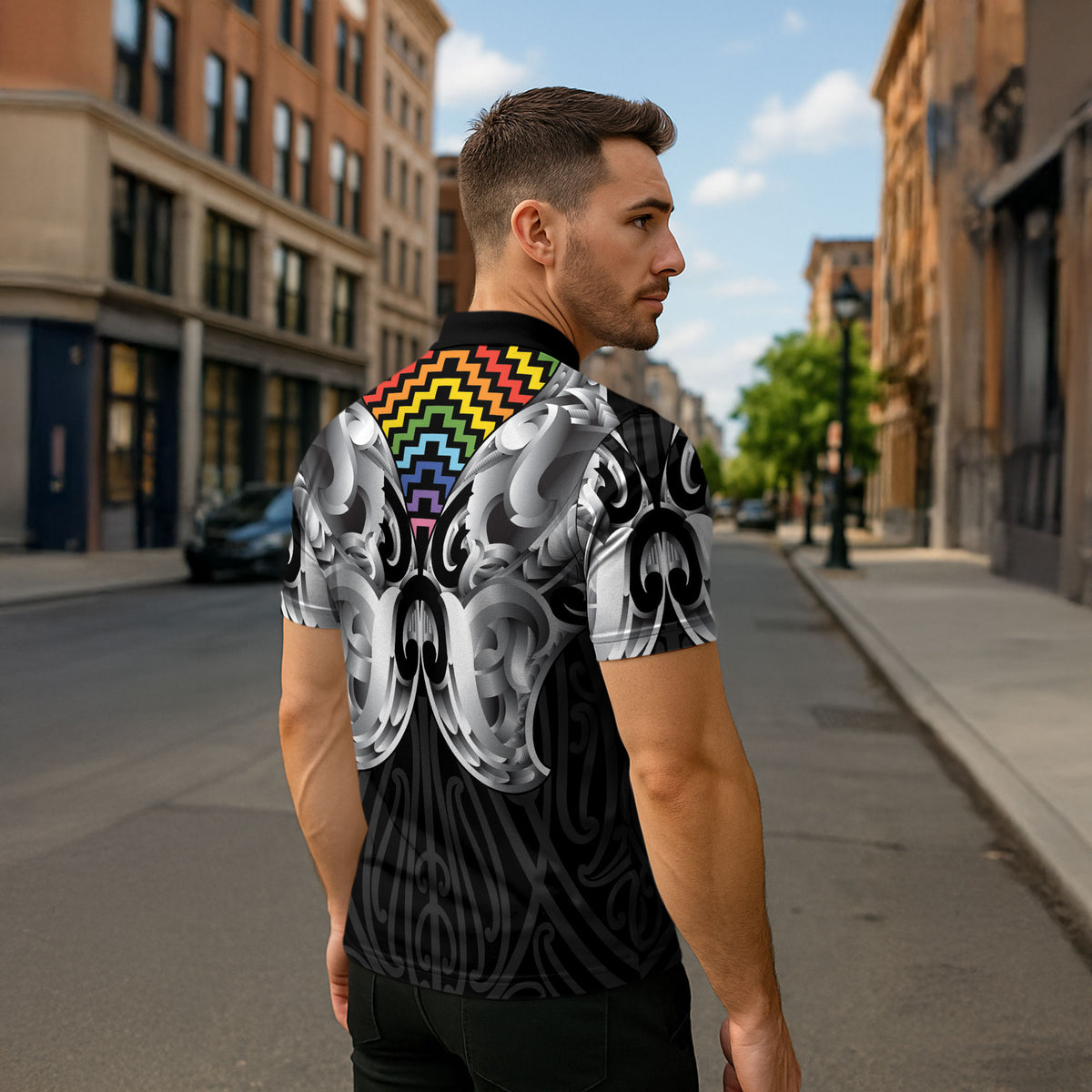 Aotearoa Kowhaiwhai Poutama Rainbow Motif Zipper Polo Shirt LT9 - Polynesian Pride