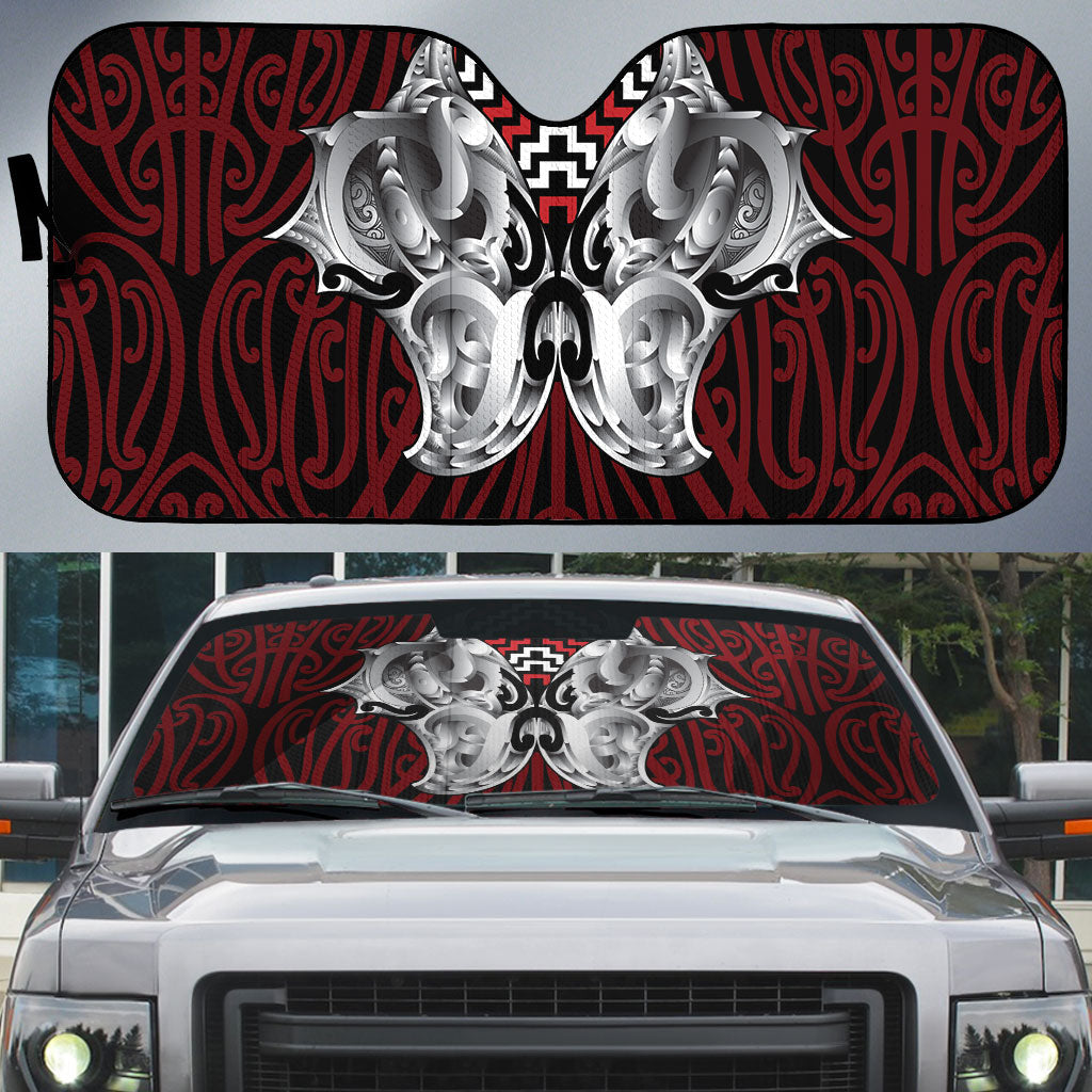 Aotearoa Kowhaiwhai Poutama Red Motif Auto Sun Shade LT9 Red - Polynesian Pride