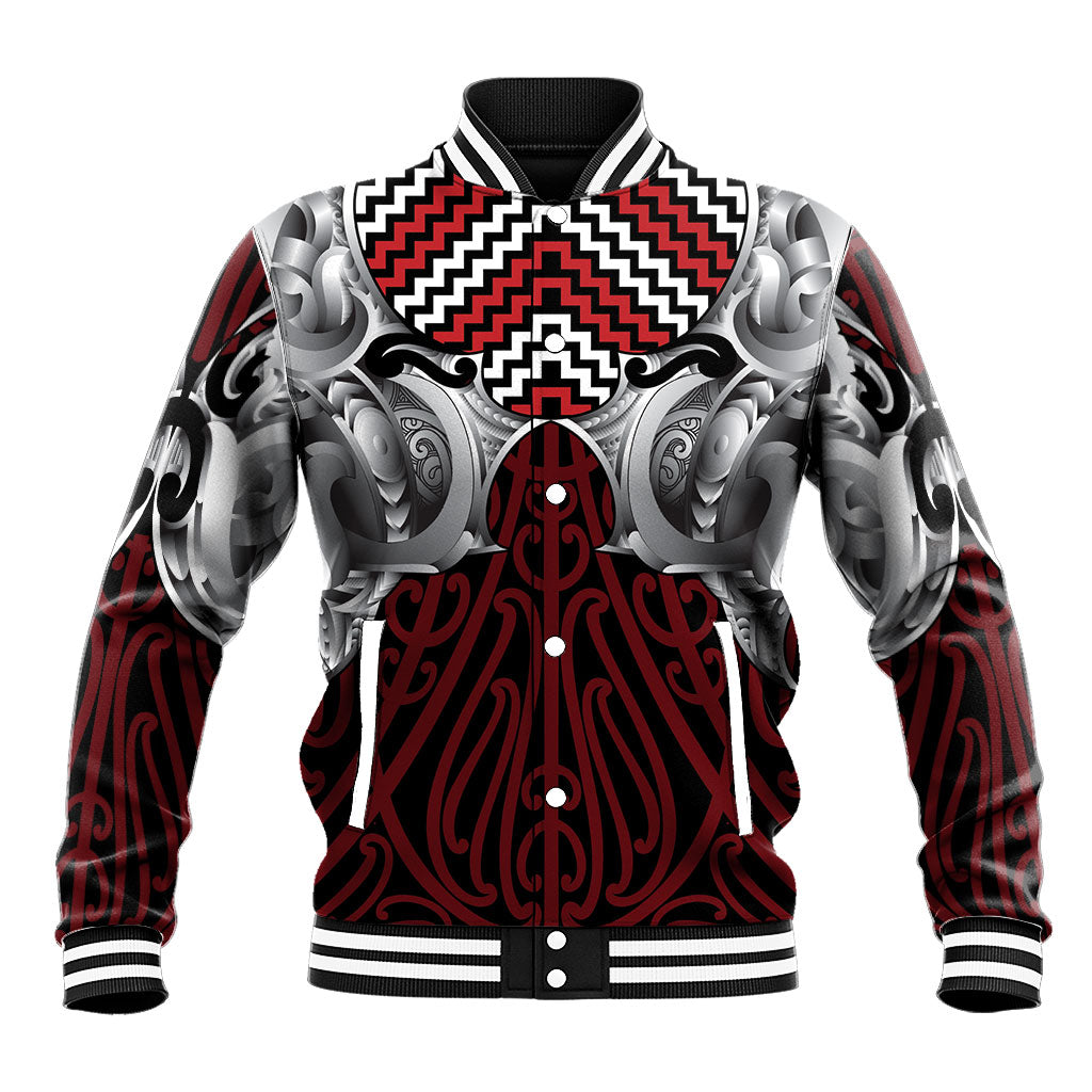 Aotearoa Kowhaiwhai Poutama Red Motif Baseball Jacket LT9 Unisex Red - Polynesian Pride