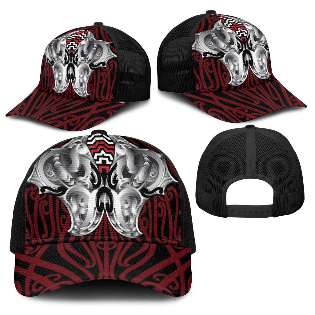 Aotearoa Kowhaiwhai Poutama Red Motif Baseball Net Cap