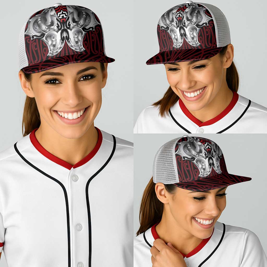 Aotearoa Kowhaiwhai Poutama Red Motif Baseball Net Cap