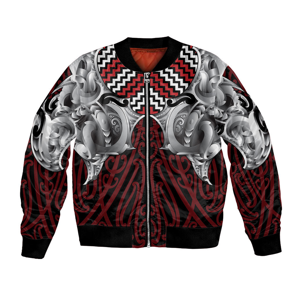 Aotearoa Kowhaiwhai Poutama Red Motif Bomber Jacket