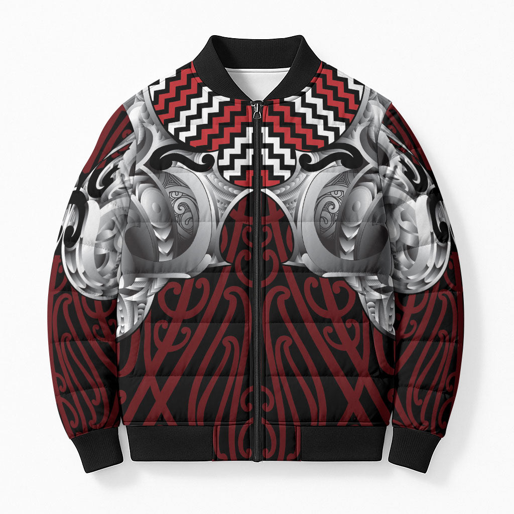 Aotearoa Kowhaiwhai Poutama Red Motif Bomber Puffer Jacket LT9 Unisex Red - Polynesian Pride