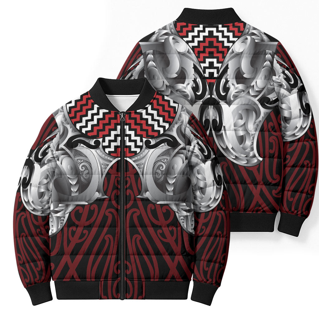 Aotearoa Kowhaiwhai Poutama Red Motif Bomber Puffer Jacket LT9 - Polynesian Pride