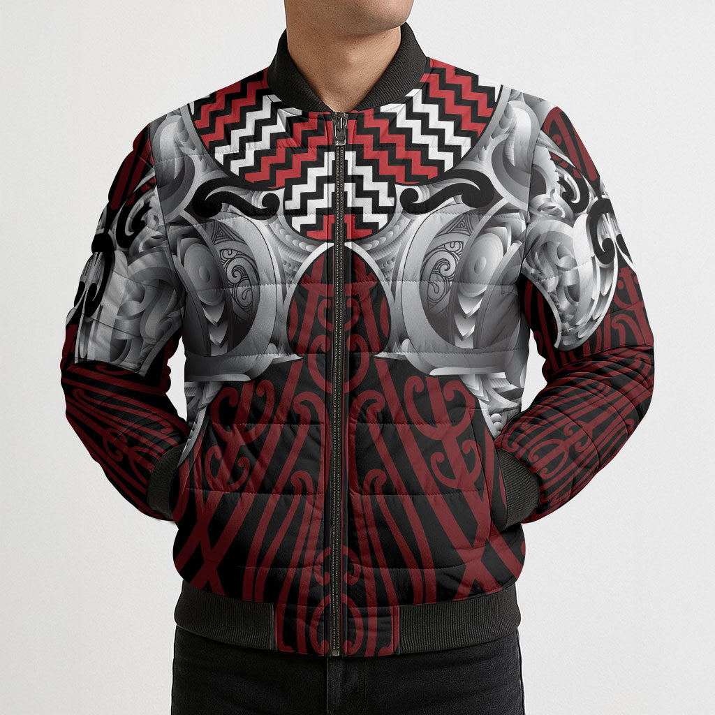 Aotearoa Kowhaiwhai Poutama Red Motif Bomber Puffer Jacket LT9 - Polynesian Pride