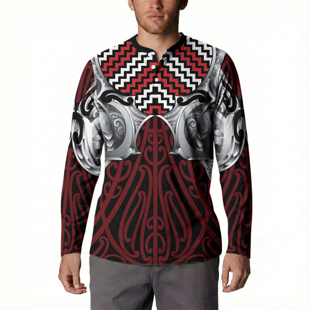 Aotearoa Kowhaiwhai Poutama Red Motif Button Sweatshirt LT9 - Polynesian Pride