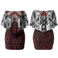 Aotearoa Kowhaiwhai Poutama Red Motif Couples Matching Off Shoulder Short Dress and Hawaiian Shirt LT9 - Polynesian Pride