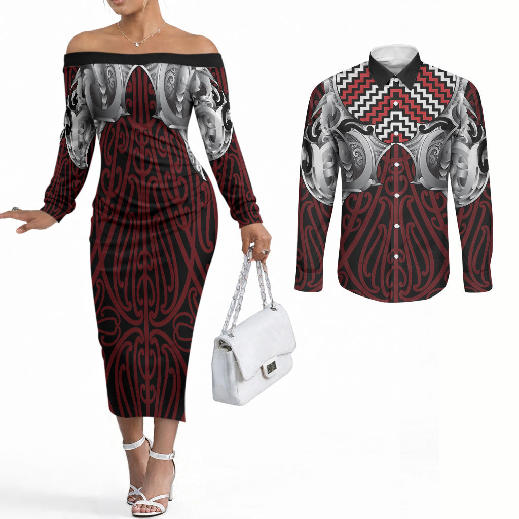 Aotearoa Kowhaiwhai Poutama Red Motif Couples Matching Off The Shoulder Long Sleeve Dress and Long Sleeve Button Shirt